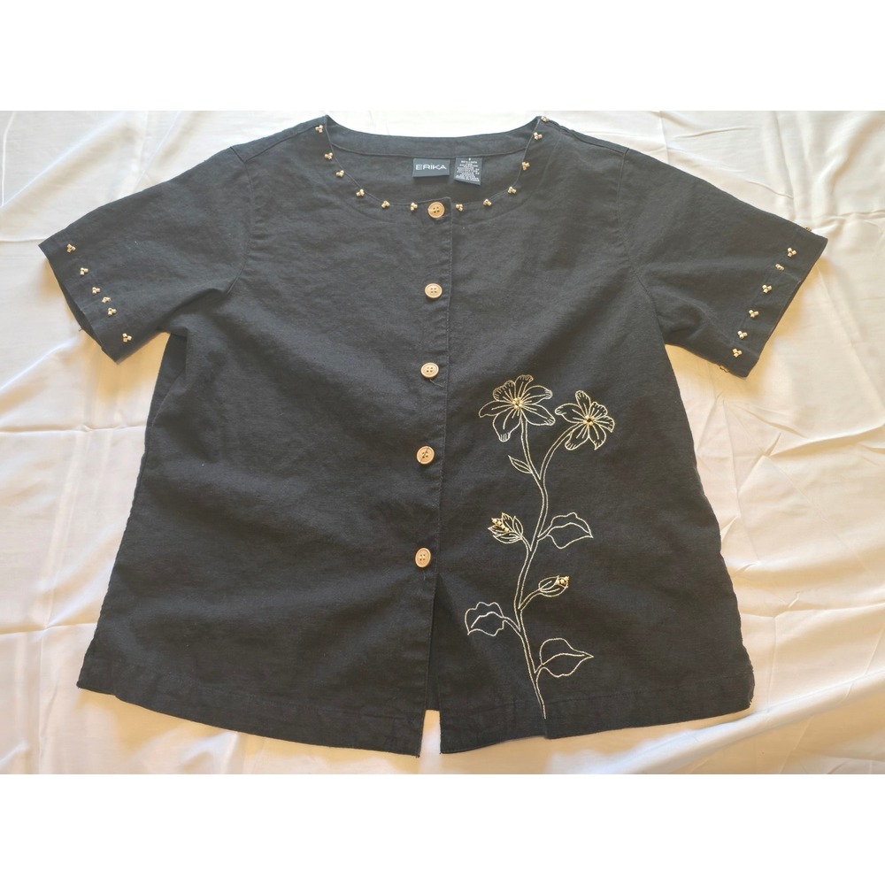 Vtg Y2K Erika Button-Up Top Small Black Short Sleeve‎ Linen Blend Embroidered